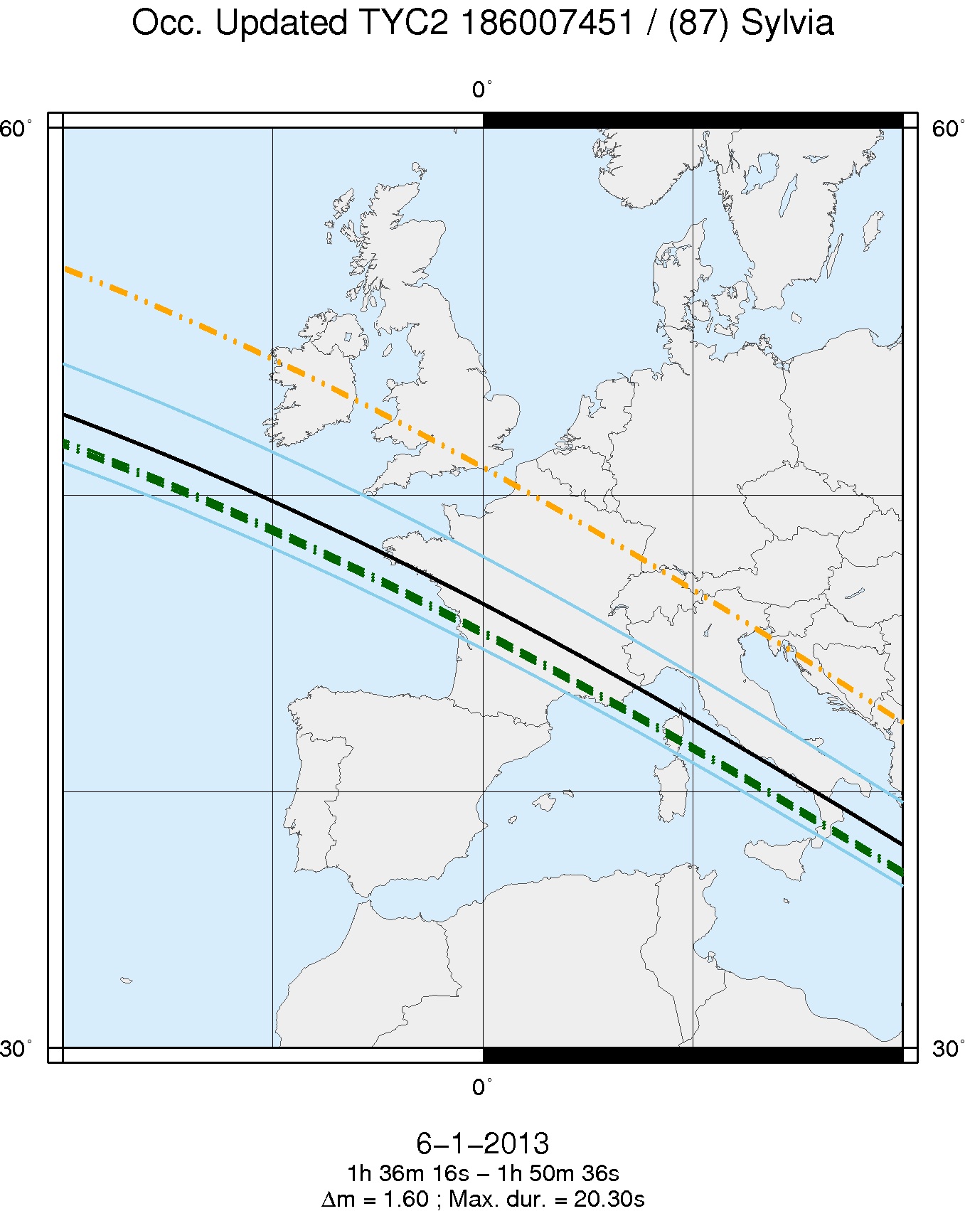 map of the path of the occultation on January 6, 2013, across Europe. The blue lines indicate the limit of the path by the primary asteroid Sylvia (centered on the black line). The green and orange lines correspond to the paths of Romulus and Remus, respectively. (credit IMCCE)