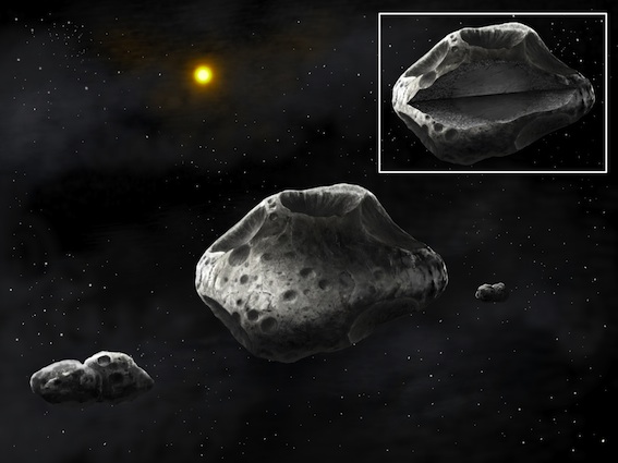 Artistic representation of the triple asteroid system showing the large 270-km asteroid Sylvia surrounded by its two satellites, Romulus and Remus. The differentiated interior of the asteroid is shown through a cutaway diagram. The primary asteroid of the system may have a dense, regularly-shaped core, surrounding by a fluffy or fractured material. The two moons are shown to be strongly elongated, and composed of two lobes, as suggested by the recently observed occultation data by the satellite Romulus. (credits: D. Futselaar & F. Marchis)