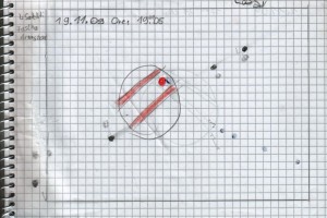 A sketch of Jupiter and its Galilean Satellites (20/11/2009, 19:05 CEST). Drawing by Costanza Patat.