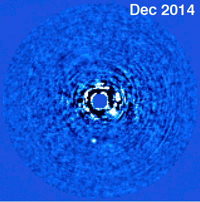 Orbital motion of 51 Eri b detected between two H-band observations taken with the Gemini Planet Imager in December 2014 and September 2015. From this motion, and additional observations of the system, the team of astronomers confirmed that this point of light below the star is indeed a planet orbiting 51 Eri and not a brown dwarf passing along our line of sight. (credit: Christian Marois & the GPIES team)