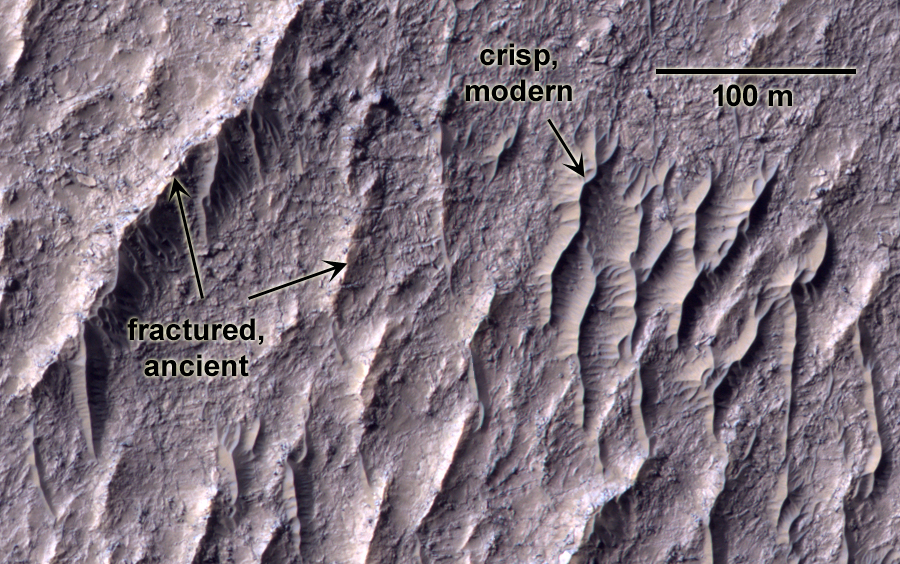Zoomed in look at ancient and modern dune-like features.
